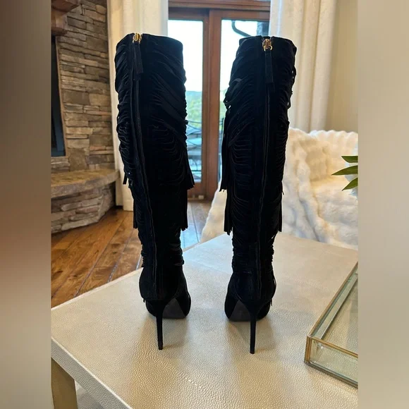 Gucci black suede fringe open top boots with zippered back size 38.5 - Picture 5 of 13